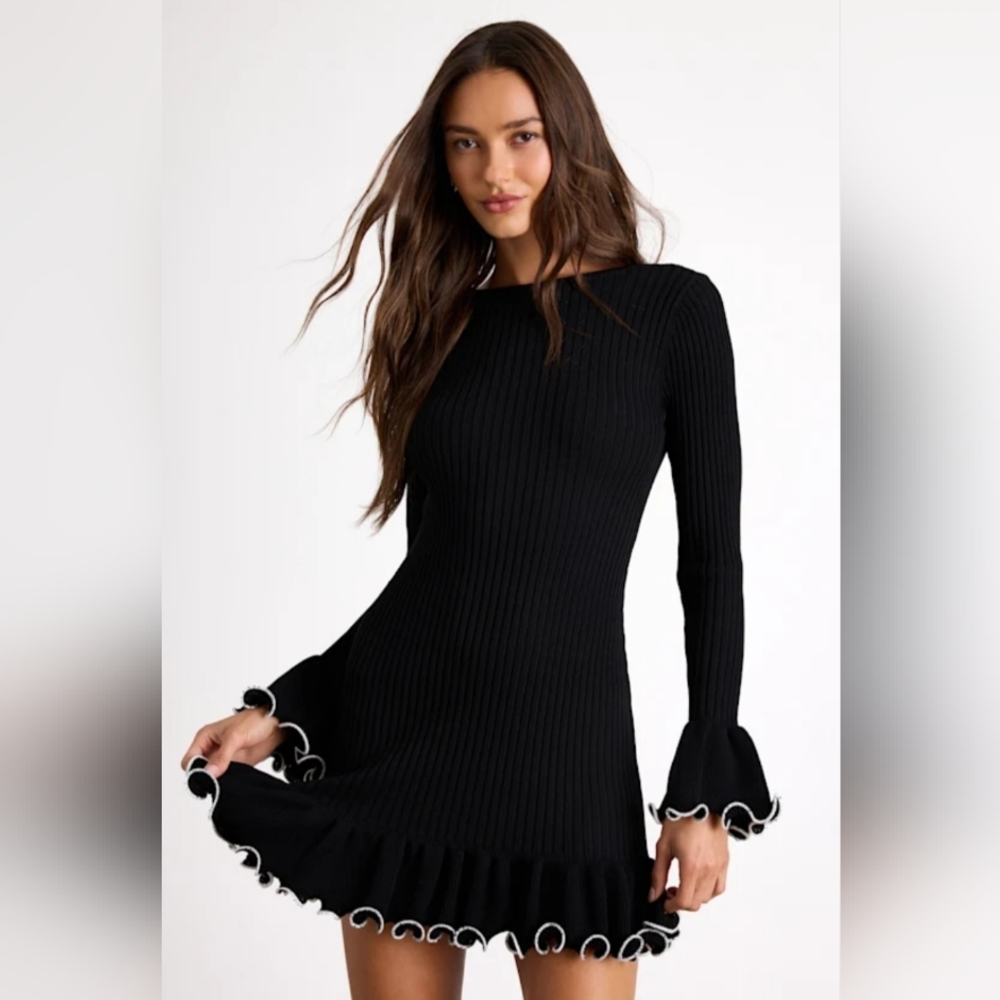 Black Long-Sleeve Ruffle Hem Knit Dress